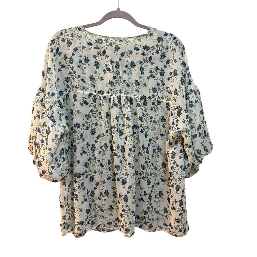 Max Studio Tunic Blouse Womens XL White Floral Round Neck 3/4 Sleeve Top Boho - Picture 3 of 6